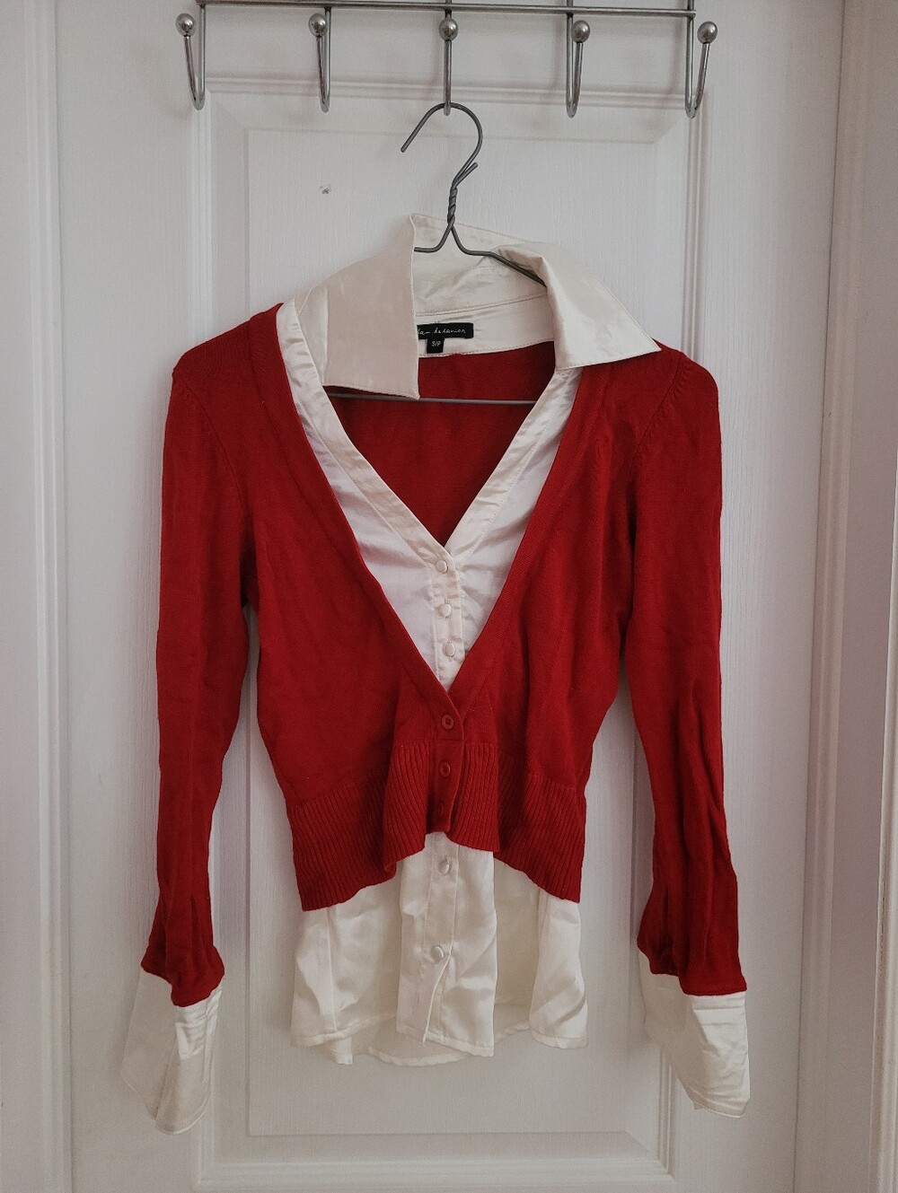 Red Layered V-Neck Sweater with White Shirt Detail